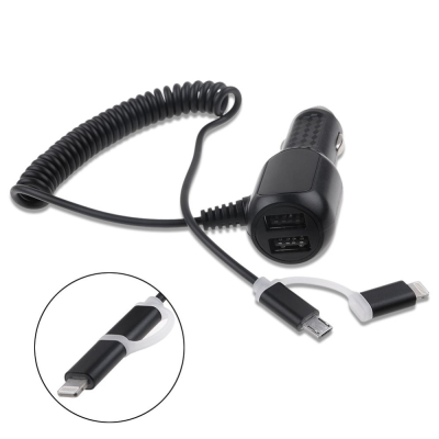Duo USB autolader met micro USB en Lightning kabel